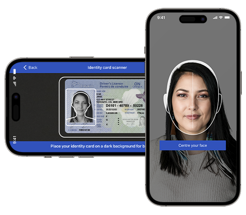 A mobile phone scanning an ID card and a mobile phone taking a selfie photo with fraud detection