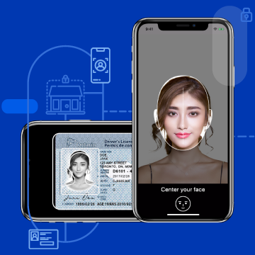Un téléphone mobile scannant une carte d'identité et un téléphone mobile prenant une photo selfie avec détection de fraude.