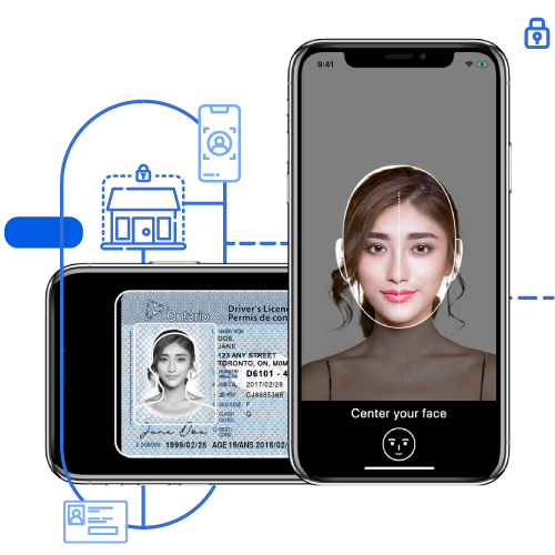 Mobile app scanning a driver's licence and taking a live selfie.