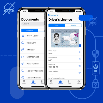 Mobile app with a digital driver's licence and ID info, including name, birthdate, and address.